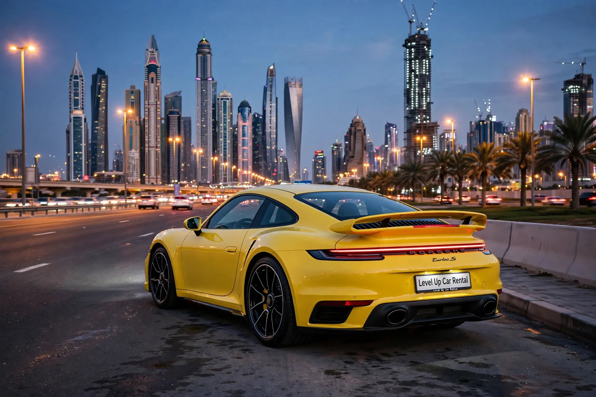 Featured image yellow Porsche Turbo S with Level Up Car Rental plate