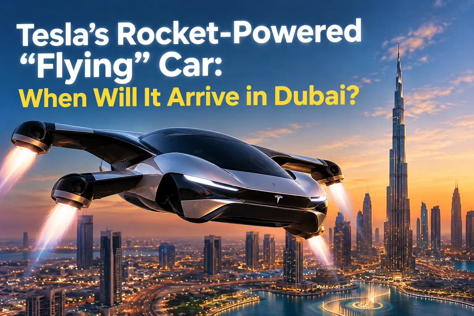 Tesla Flying Car Over Dubai at Sunset