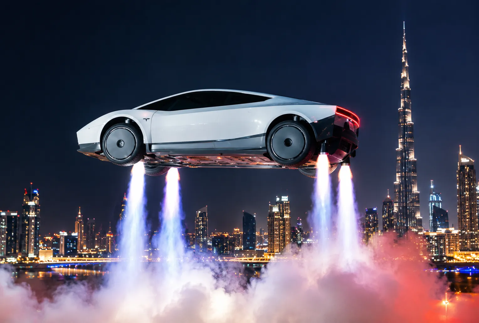 Futuristic Flying Car Over Dubai at Night